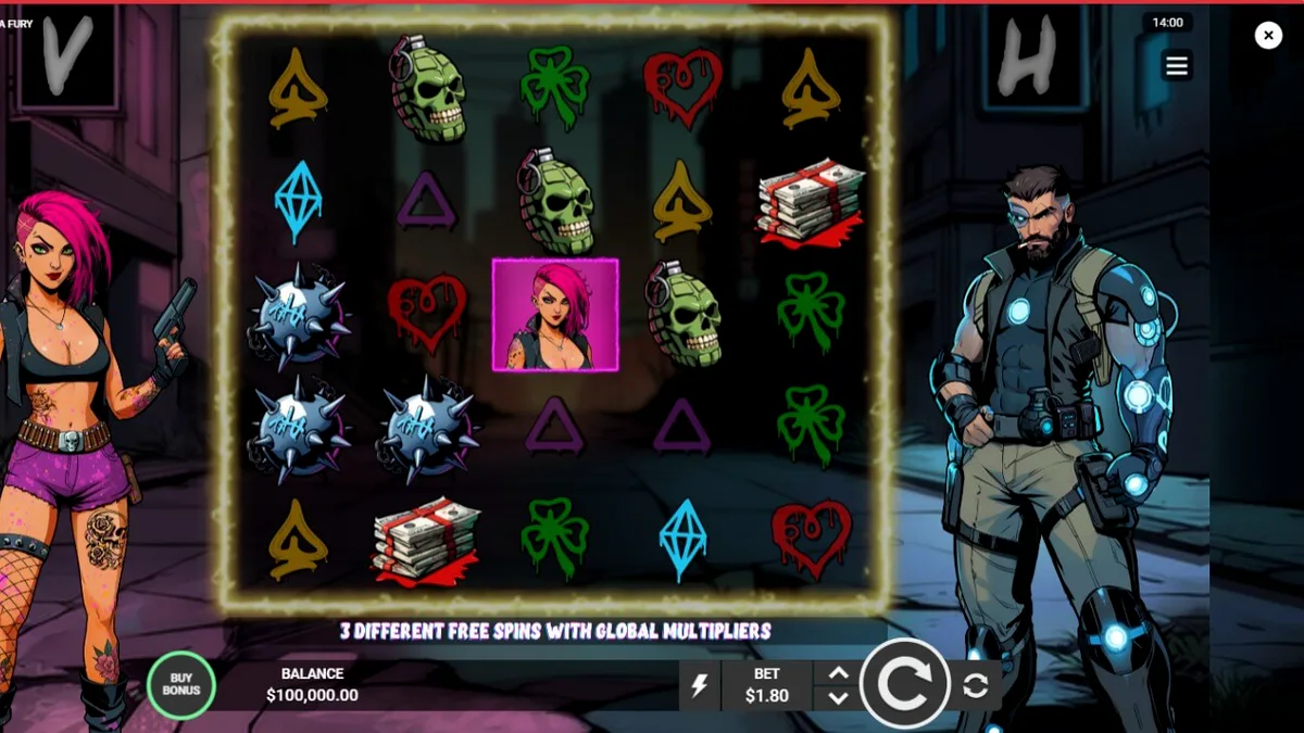 Tampilan layar permainan slot Vendetta Fury dengan tema cyberpunk dan neon
