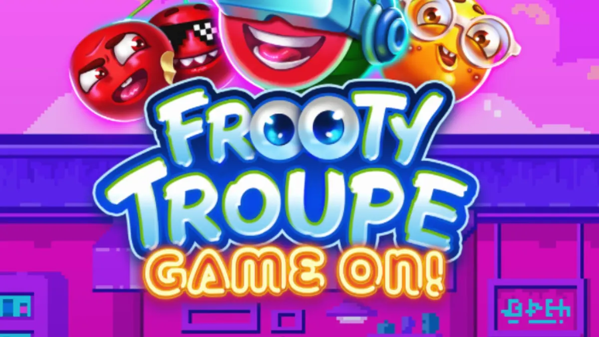 Tampilan visual retro dari slot Frooty Troupe dengan simbol buah-buahan bergaya piksel