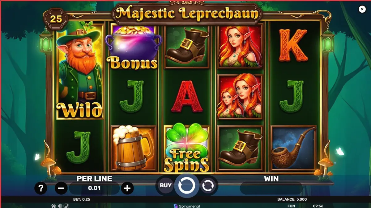 Majestic Leprechaun slot game screen with Irish landscape and gold coins