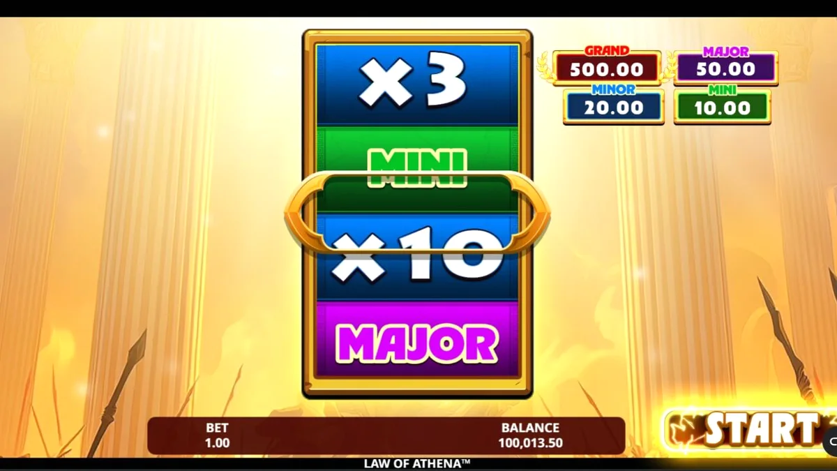 Tampilan antarmuka slot Law of Athena di layar ponsel pintar dengan latar belakang kota neon